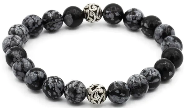 Sterling Silver Snowflake Obsidian Balinese Natural Gemstone Bracelet