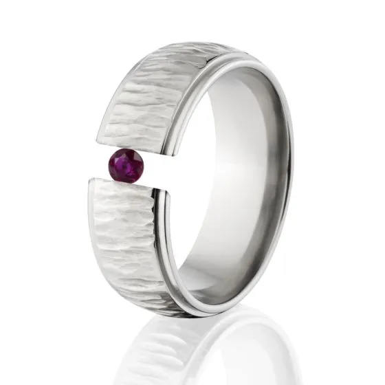 Tree Bark Ring, Ruby Tension Set, Titanium Ring