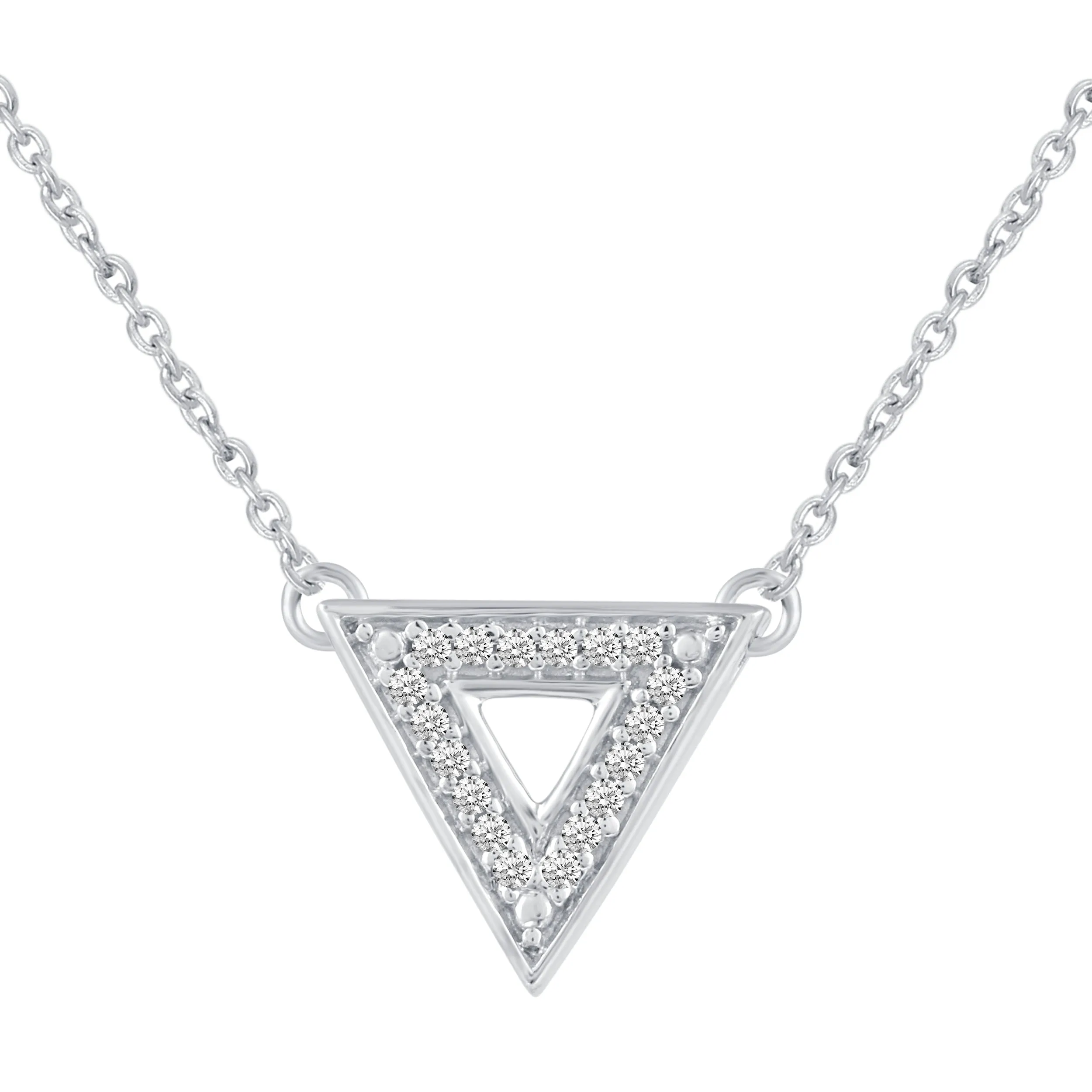 Triangle and Three Stone Layered 1/10 Cttw Natural Diamond Pendant Necklace set in 925 Sterling Silver…