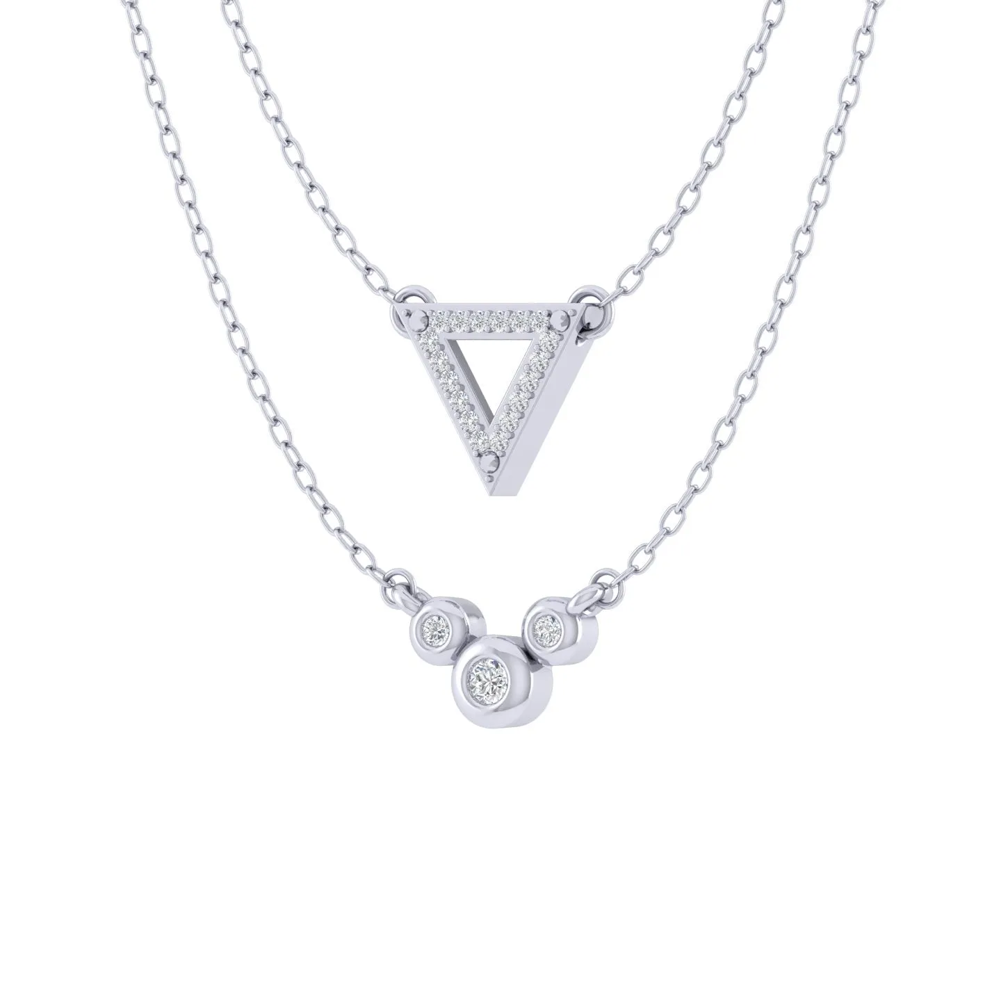 Triangle and Three Stone Layered 1/10 Cttw Natural Diamond Pendant Necklace set in 925 Sterling Silver…