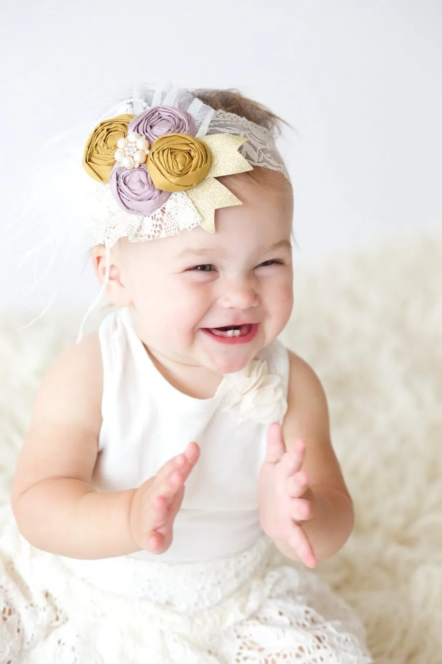 Vintage Orchid & Vintage Gold Baby Rosette Headband, Sash