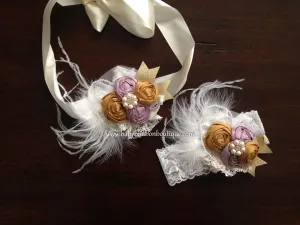 Vintage Orchid & Vintage Gold Baby Rosette Headband, Sash