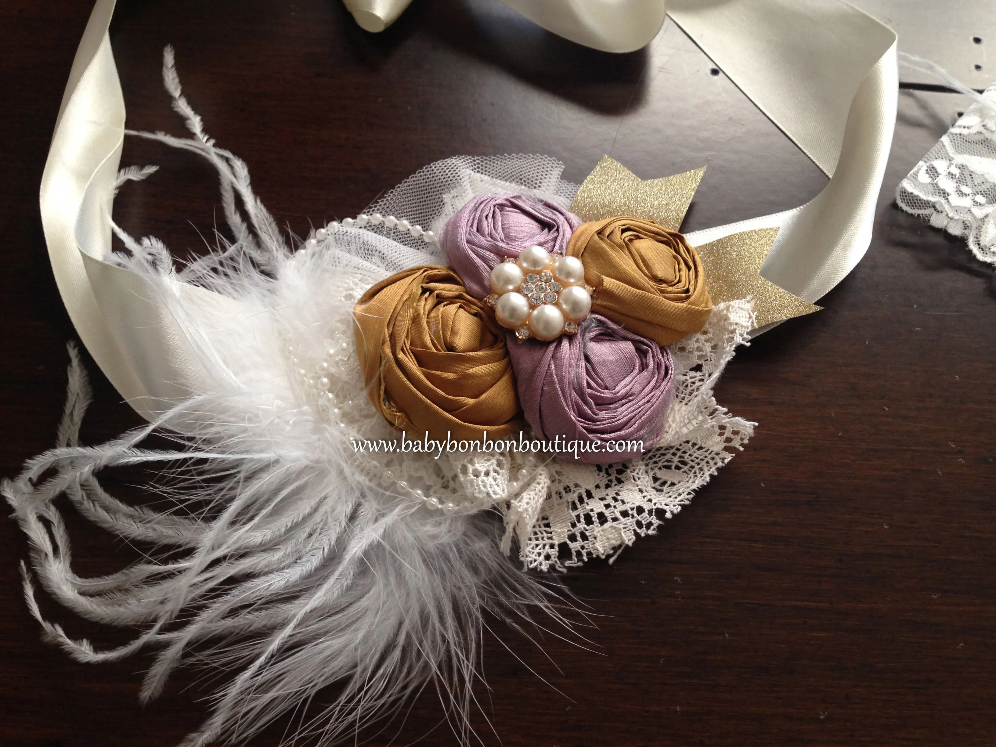 Vintage Orchid & Vintage Gold Baby Rosette Headband, Sash