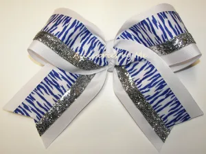 Zebra Royal Blue White Silver Cheer Bow